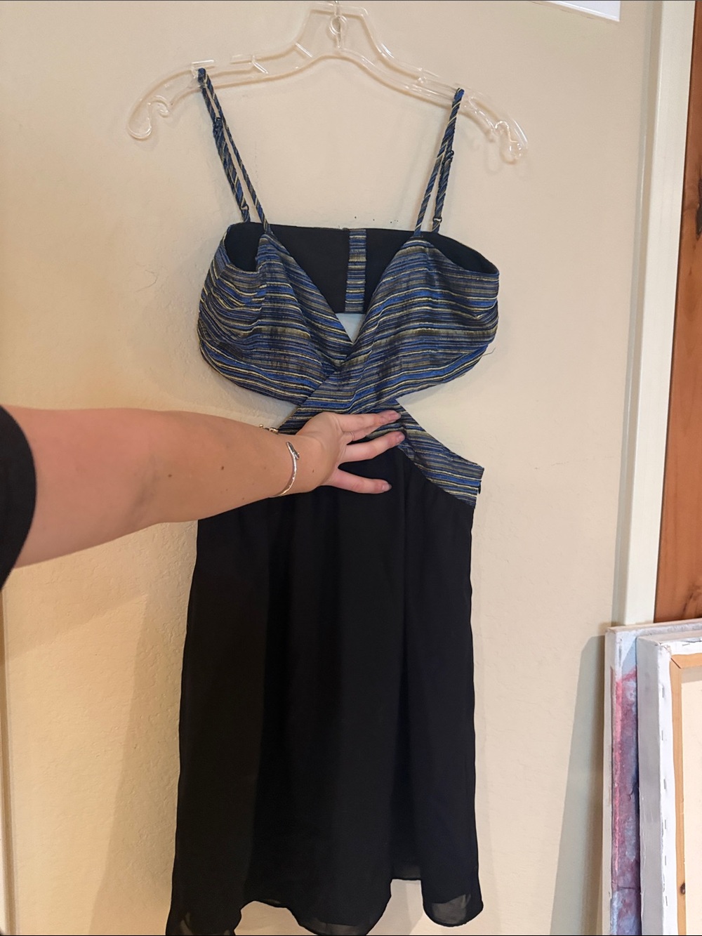 BCBG Women’s Black Dress with Blue-Green Striped Bodice